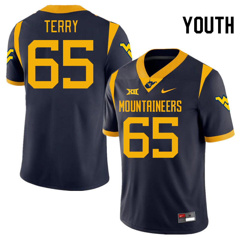 Youth #65 Justin Terry West Virginia Mountaineers College 2024 New Uniforms Football Jerseys Stitche